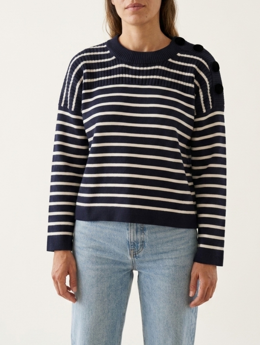 Maje Wool-Blend Striped Sweater - Navy White Oversized Velvet Shoulder Buttons S